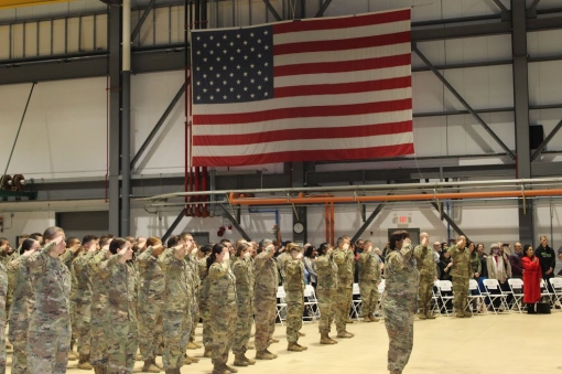 Soldiers assigned to the 642nd Aviation Support Battalion salute during their farewell ceremony held on January 22 2023 at the Army Aviation Support Facility at Rochester International Airport. 350 members of the battalion and 45 Soldiers from Bravo Compa